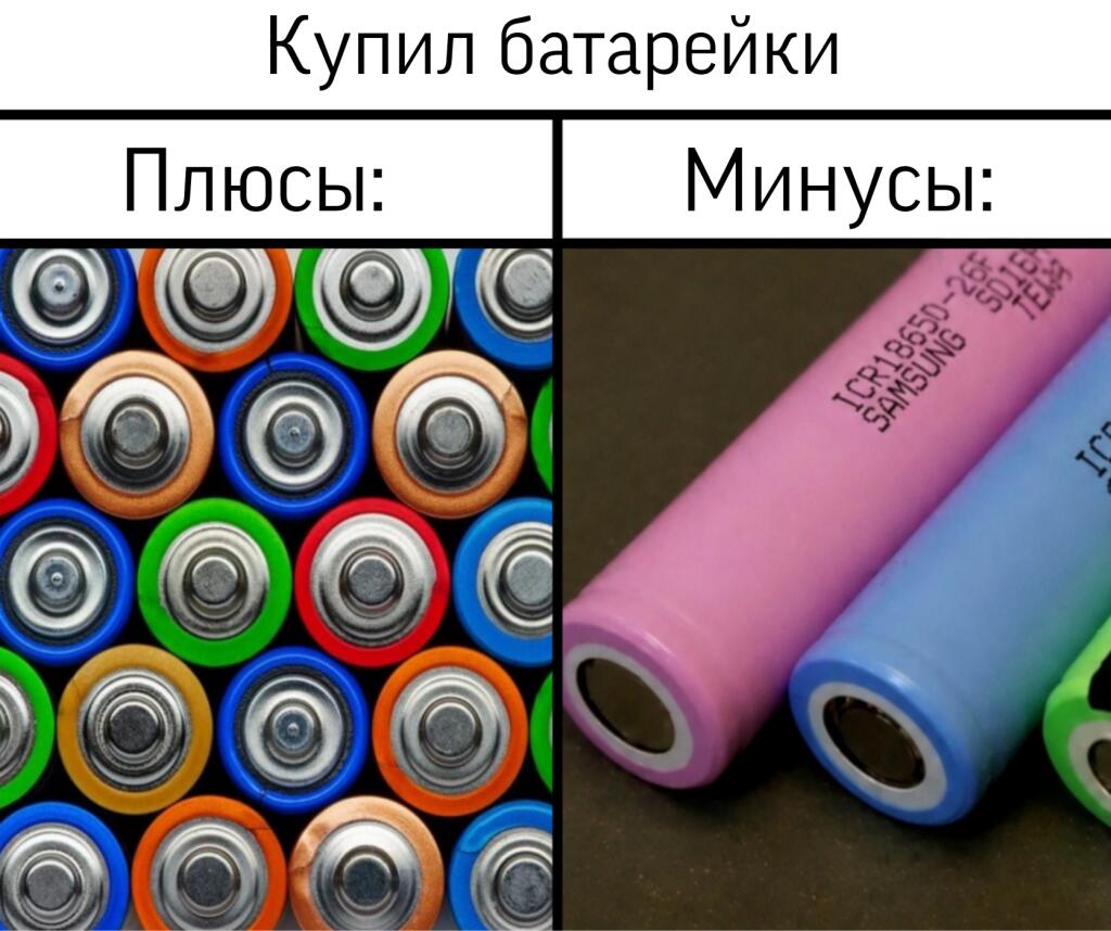 Мем с надписью Купил батарейки: слева много разноцветных плюсовых контактов, справа аккумуляторы 18650 с утопленными минусами