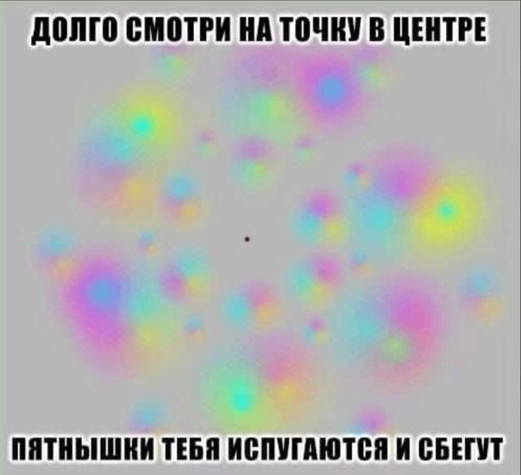 Оптическая иллюзия с цветными пятнами на сером фоне и надписью о том, как заставить их сбежать