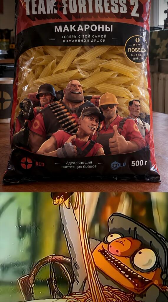 Пачка макарон с надписью Team Fortress 2 и персонажами команды RED, внизу мультяшный персонаж ест лапшу