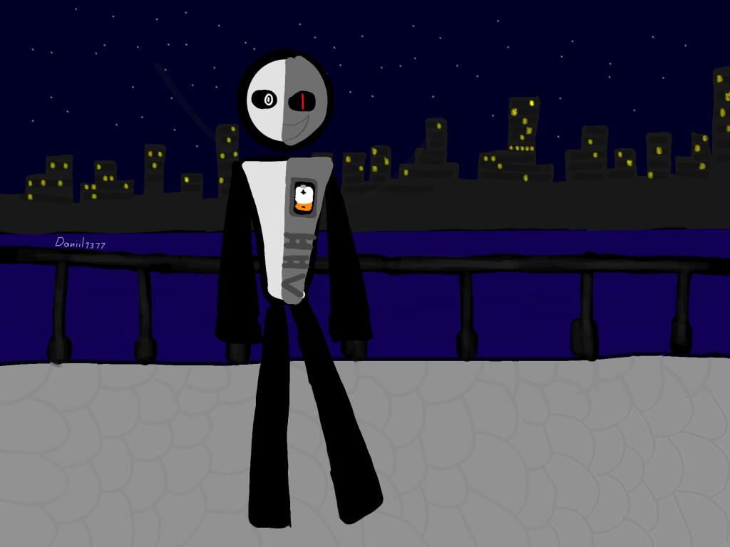 Рисунок stickman-киборга в виде полукруглого лица с глазами и телом с механическими частями на фоне ночного города