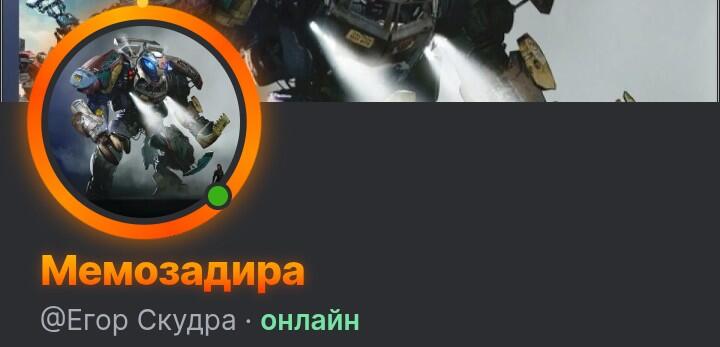Скриншот профиля соцсети с аватаром в виде робота-меха в оранжевом кольце и подписью Мемозадир онлайн