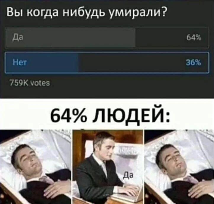 Скриншот опроса с вопросом Вы когда-нибудь умирали и ответом Да 64%, ниже три кадра из фильма Американский психопат с Патриком Бейтманом в гробу и за компьютером