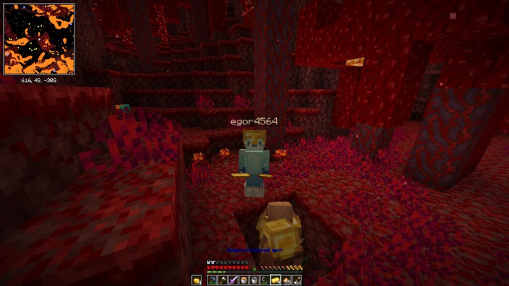 Скриншот из Minecraft с модом Origins: игрок в красном аду торгуется с пиглином в доспехах