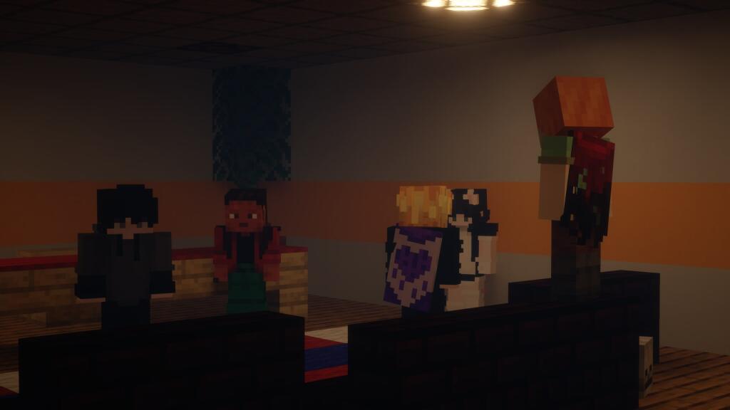 Игровой скриншот из Minecraft с видом на комнату, где персонаж заходит в дверь и видны зомби. (2 из 5)