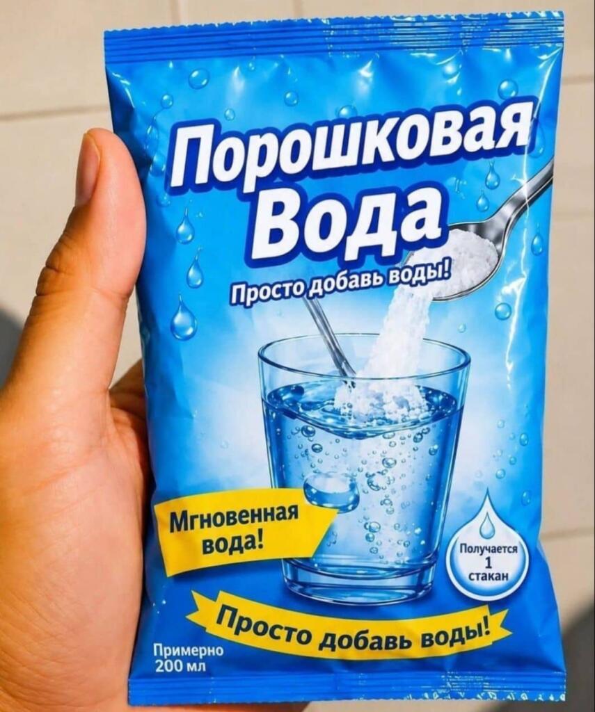 Рука держит пакет порошковой воды с надписью просто добавь воды и стаканом воды