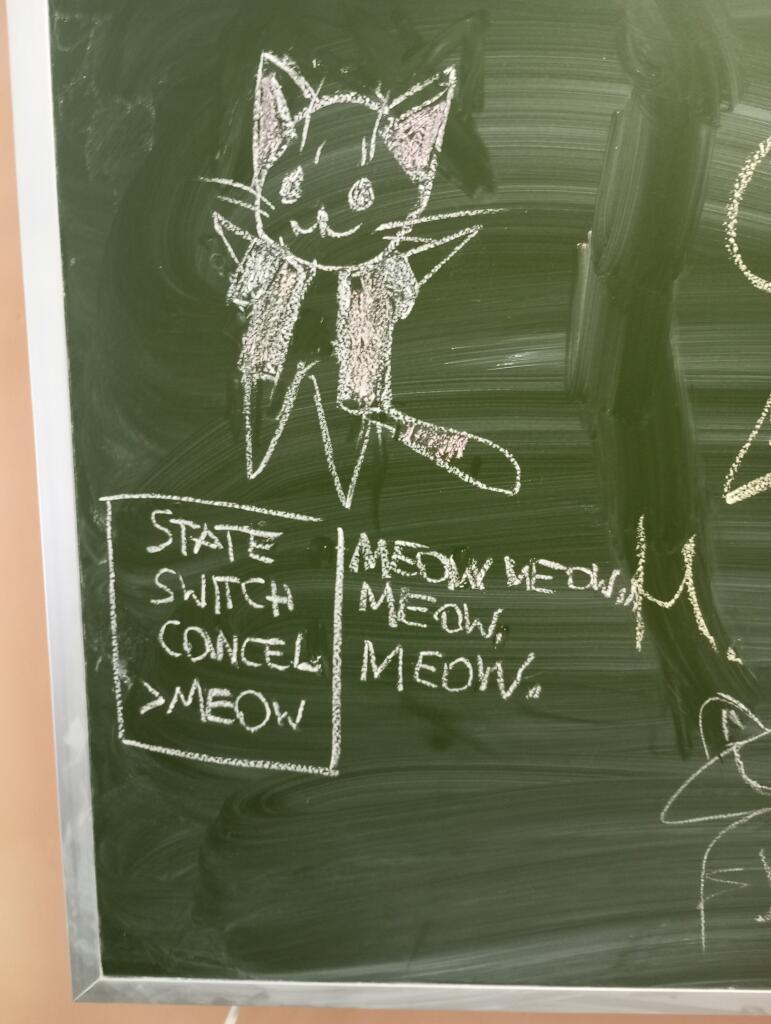 Котейка с доски в нашей школе. Рисовала я. Кто понял, тот понял. 
(Напишите в комментариях, кто понял, пж. И да, оцените