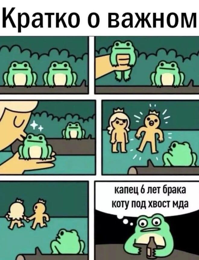 Комикс из шести кадров: человек целует одну из двух лягушек, она превращается в принца и уходит с принцессой. Вторая лягушка сидит одна с бутылкой и думает о разводе. (2 из 2)