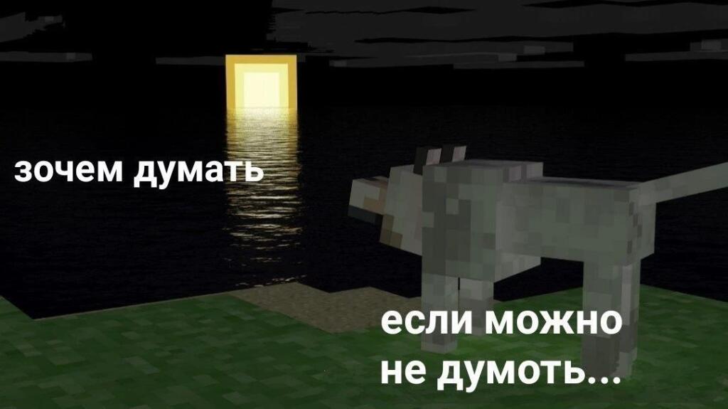 Серый волк в Minecraft стоит на фоне заката, надпись про то, что не нужно думать, если можно не думать