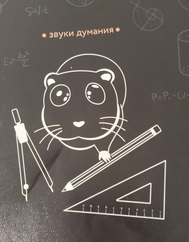 Хомяк в шапочке с циркулем, линейкой и карандашом, надпись звуки думания