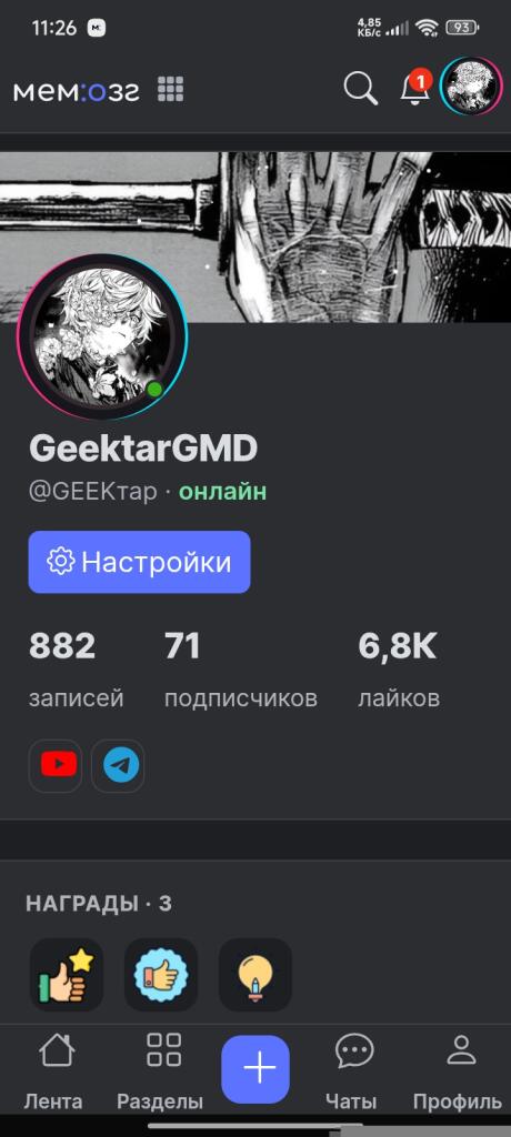 Скриншот профиля пользователя GeektarGMD в приложении Мемозг с обновленным оформлением и статистикой