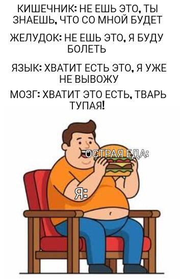Толстый мужчина ест бургер, а подписи органов и мозга запрещают есть острую еду