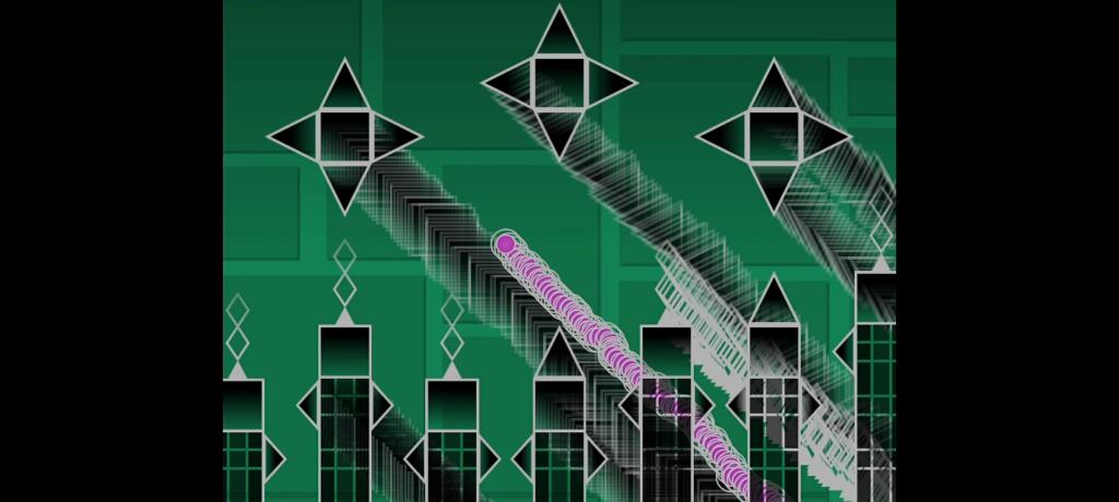 Скриншот уровня игры-платформера с крупными буквами HI, ниндзя-звёздами и шипами на тёмном фоне (9 из 10)