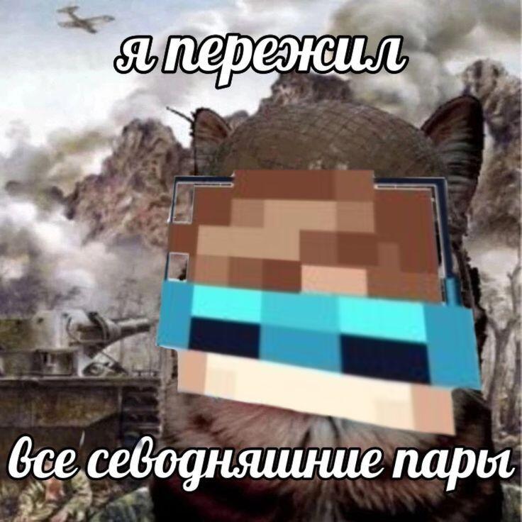 Кот в пиксельном шлеме из Майнкрафта на фоне танковой битвы, надпись я пережил все сегодняшние пары