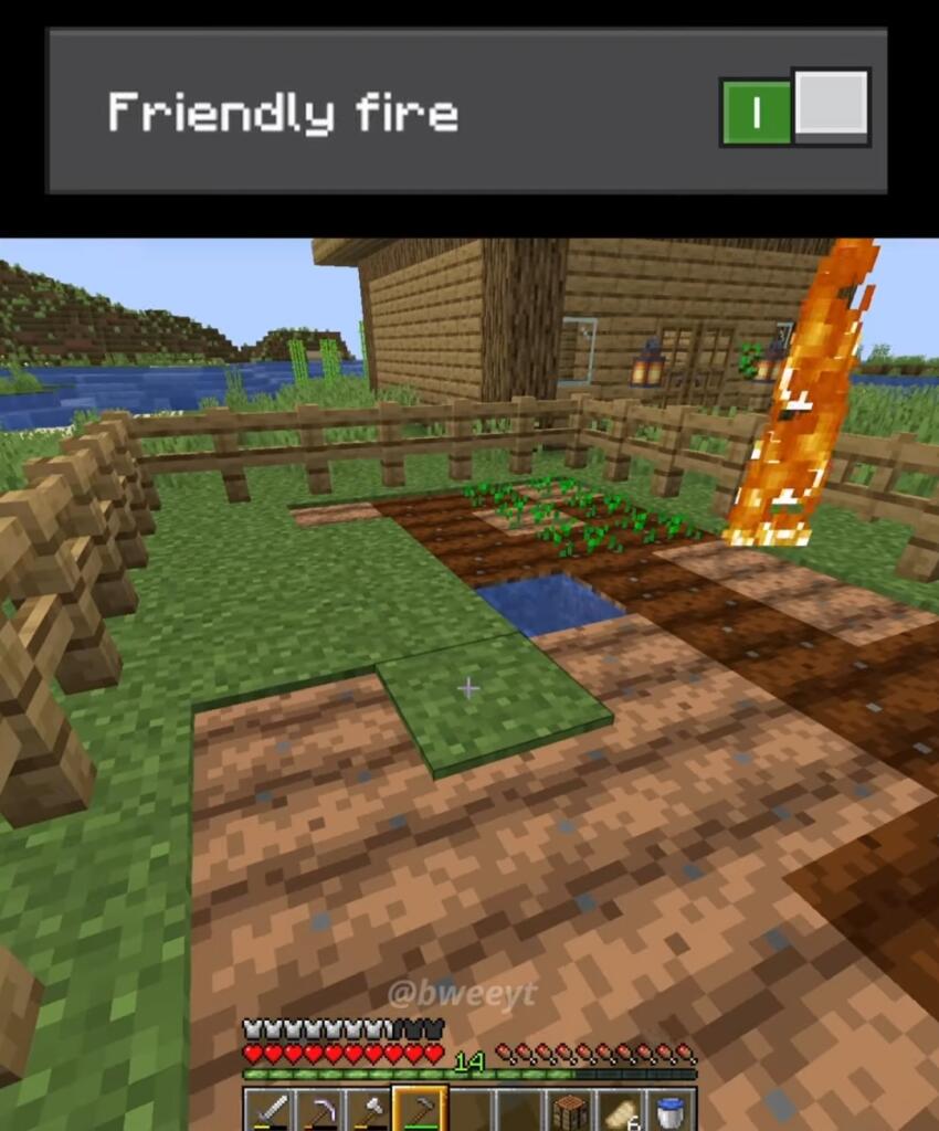 Игрок в Minecraft стоит у фермы, рядом горит огонь, надпись Friendly fire