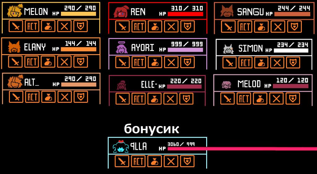Решила сделать всех персов Мелони в виде окон боевых характеристик из deltarune.
Если хотите такой же, то пишите мне в л