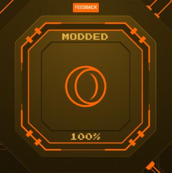 Тёмный интерфейс с оранжевыми элементами, надпись MODDED 100% и круглый логотип браузера