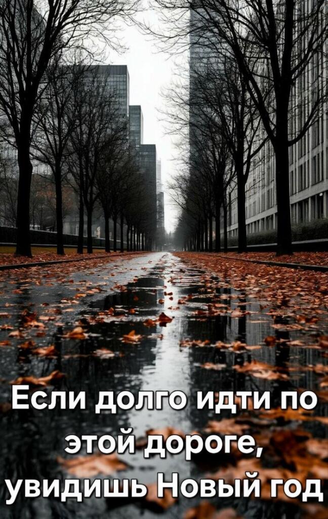 Мокрая аллея с лужами и опавшими листьями, надпись: Если долго идти по этой дороге, увидишь Новый год
