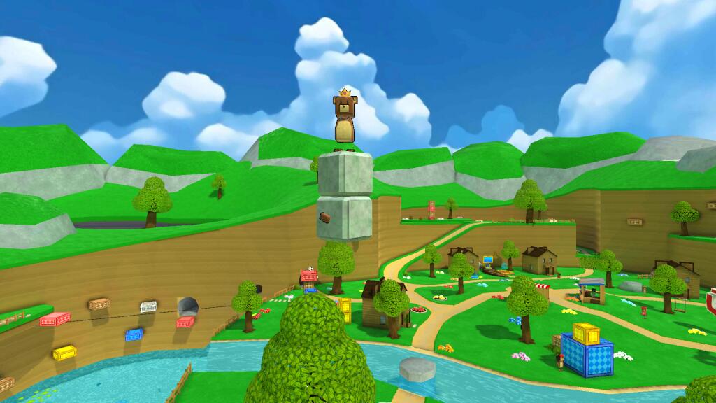 Скриншот из игры Animal Crossing: на холме стоит замок из подушек, а сверху сидит медведь