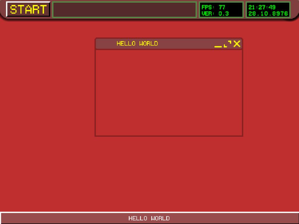Пиксельный интерфейс в стиле старой ОС с кнопкой START, окном HELLO WORLD и счётчиком FPS (4 из 4)