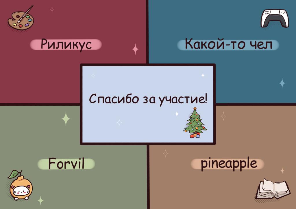 День подходит к концу, а значит, новогодний ивент завершается и пора объявлять победителей! Все ники на арте, скоро вы п