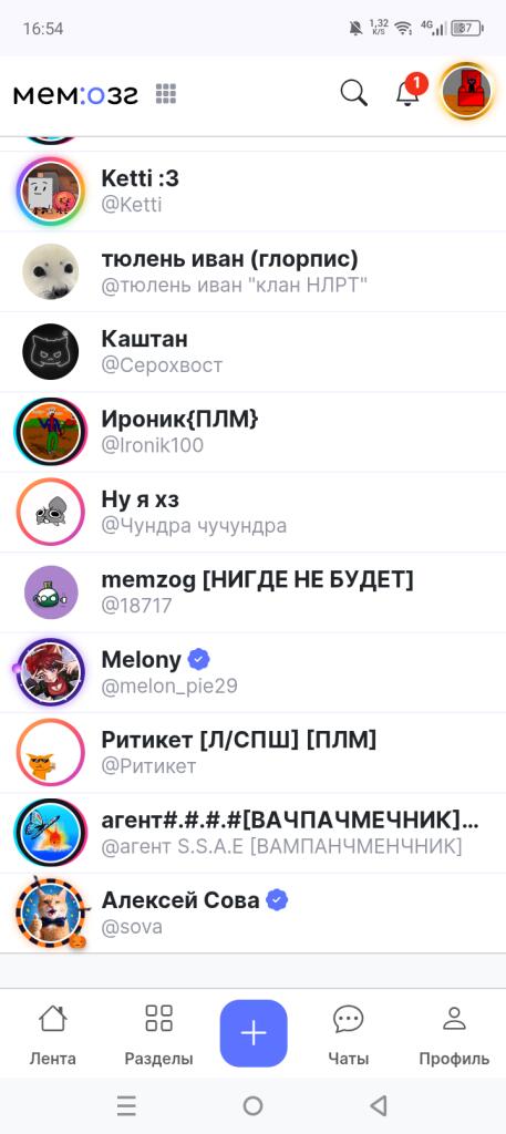 Скриншот уведомлений соцсети Мемозг с сообщением о подписке пользователя Алексей Сова и текстом Не хатю хвастаца но на меня патписалса сава (2 из 2)