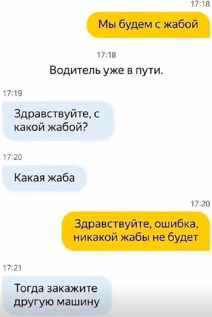 Скриншот переписки с водителем такси, где пассажир просит ехать быстрее, а водитель отвечает, что забыл тапку (2 из 2)