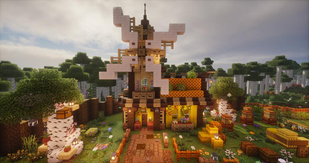 Скриншот из игры Minecraft, демонстрирующий готовую ферму с домиком-мельницей, теплицей, пасекой и грядками среди березового леса. (6 из 10)