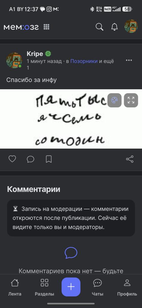 Скриншот уведомления о том, что запись не прошла модерацию из-за ненормативной лексики, хотя в тексте её нет (2 из 2)