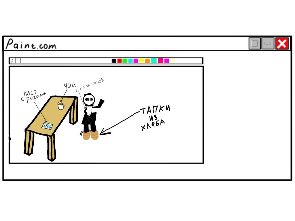 Панда в Paint.com с подписями чай, реферат и тапки из хлеба