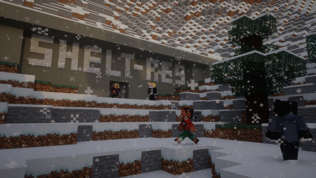 Игровой скриншот из Minecraft с видом на комнату, где персонаж заходит в дверь и видны зомби. (5 из 5)