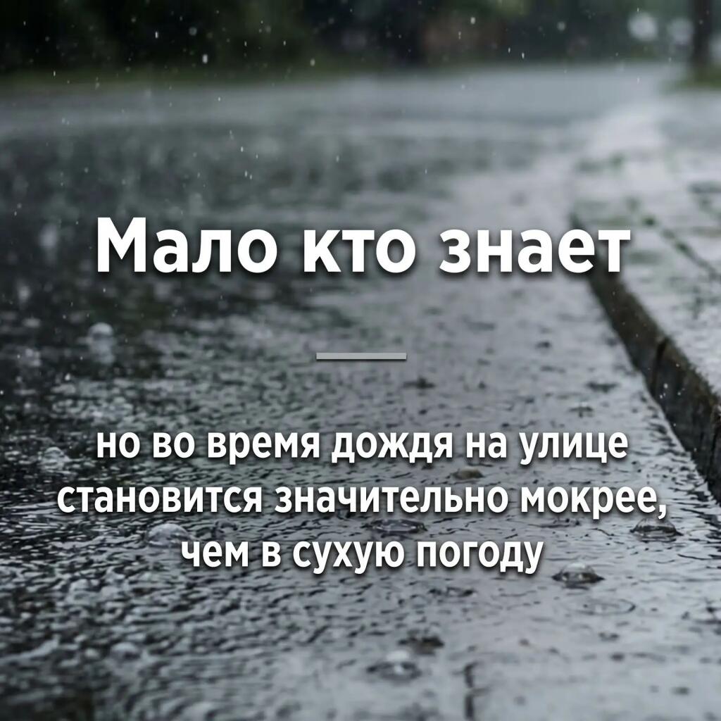 Мокрый асфальт под дождем и надпись про то, что во время дождя на улице становится значительно мокрее