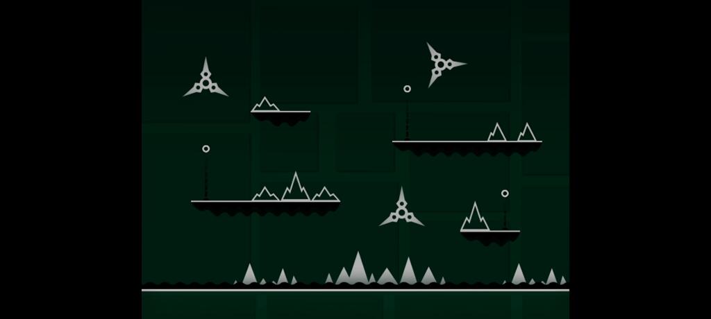 Скриншот уровня игры-платформера с крупными буквами HI, ниндзя-звёздами и шипами на тёмном фоне (4 из 10)