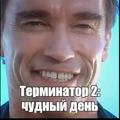 Лицо Арнольда Шварценеггера с улыбкой и надписью Терминатор 2: чудный день