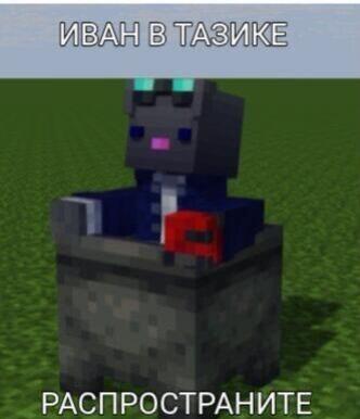 Пиксельный персонаж из игры Minecraft сидит в сером тазу с красным предметом, надпись Иван в тазике распространите