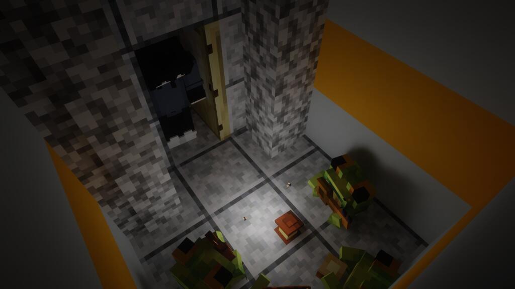 Игровой скриншот из Minecraft с видом на комнату, где персонаж заходит в дверь и видны зомби.