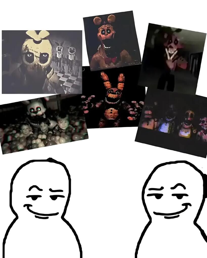 Два стилизованных персонажа из игры FNAF с белыми лицами и черными глазами улыбаются друг другу, над ними подписи I love FNAF! и Me too (2 из 2)