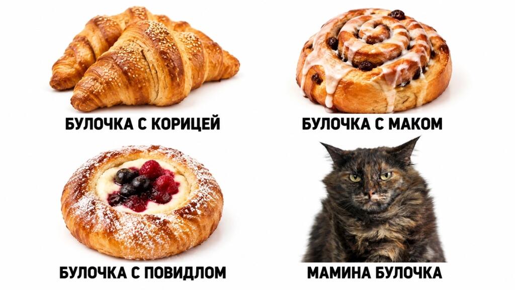 Коллаж из четырёх частей: круассаны, булочка с корицей, булочка с маком, булочка с повидлом и кот с подписью мамина булочка