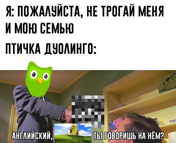 Человек в костюме с головой зелёной совы Дуолинго угрожающе указывает пальцем, внизу надпись про английский и картинка Шрека