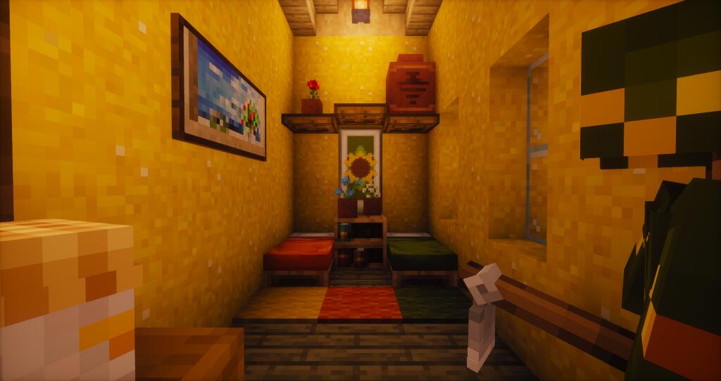 Скриншот из игры Minecraft, демонстрирующий готовую ферму с домиком-мельницей, теплицей, пасекой и грядками среди березового леса. (9 из 10)