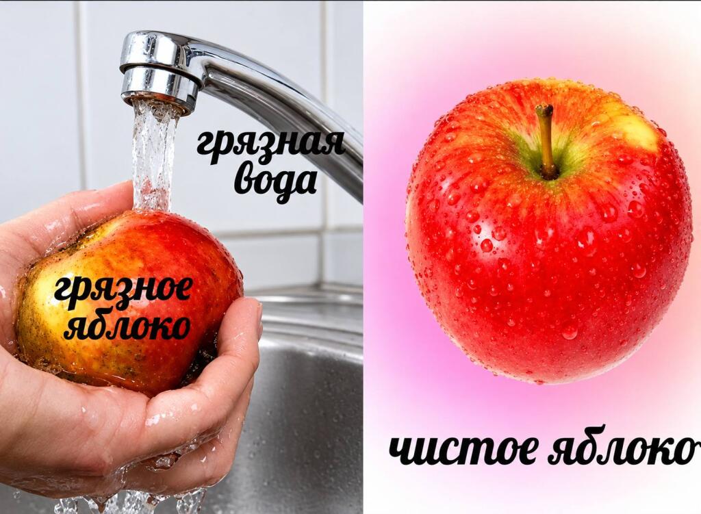 Слева рука моет под краном грязное яблоко с надписями грязная вода и грязное яблоко, справа чистое красное яблоко с надписью чистое яблоко