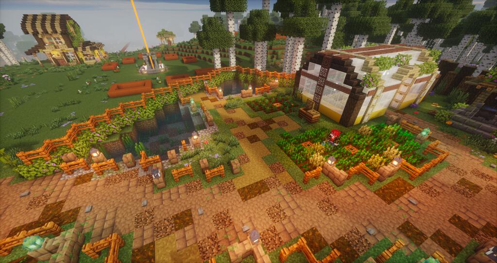 Скриншот из игры Minecraft, демонстрирующий готовую ферму с домиком-мельницей, теплицей, пасекой и грядками среди березового леса. (4 из 10)