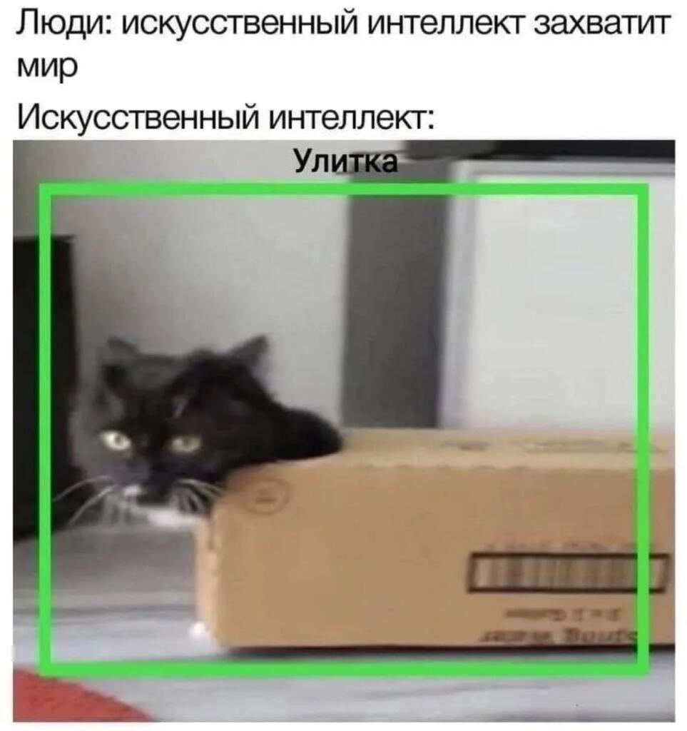 Чёрный кот сидит в картонной коробке, сверху надписи про искусственный интеллект и захват мира, рядом подпись Улитка.