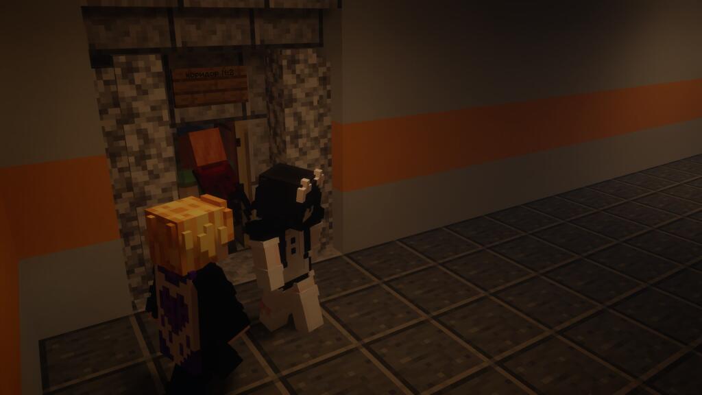 Игровой скриншот из Minecraft с видом на комнату, где персонаж заходит в дверь и видны зомби. (3 из 5)
