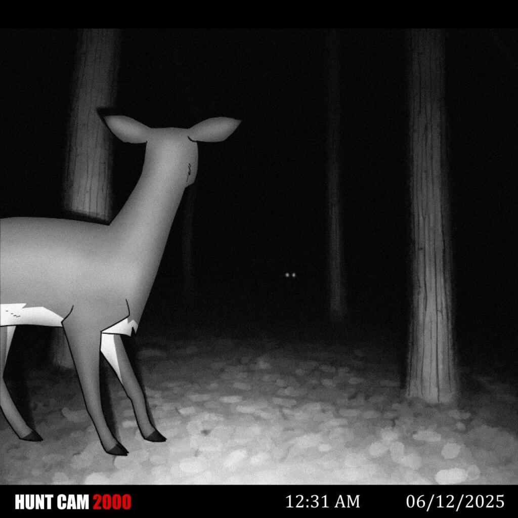 Стильный олень стоит в ночном лесу, внизу надпись HUNT CAM 2000 и время (2 из 4)