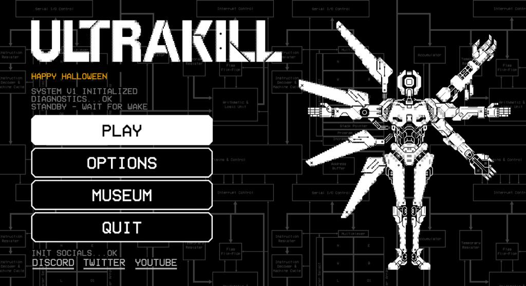 Красный игровой интерфейс ULTRAKILL, пистолет в руках и враг с оранжевым лицом (4 из 4)