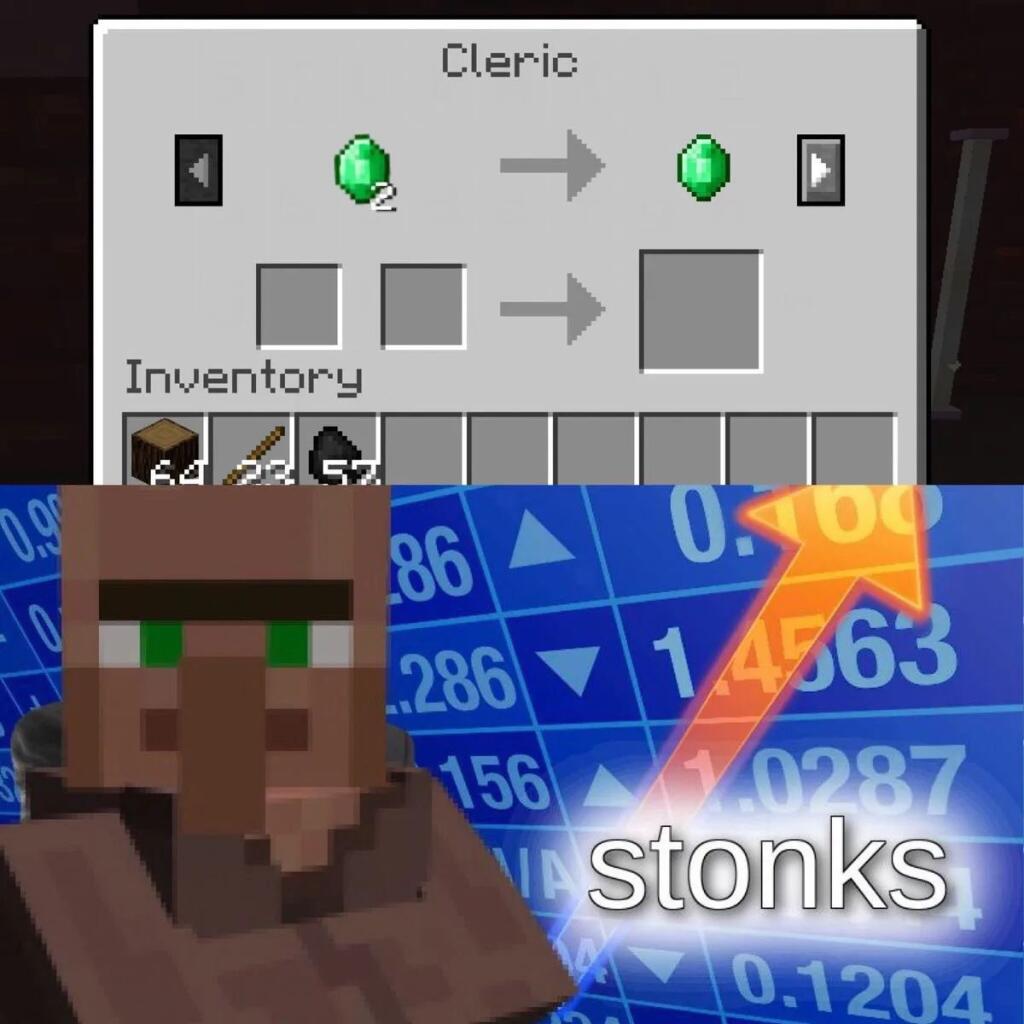 Скриншот интерфейса торговли с жрецом в игре Minecraft, где за два изумруда дают один. Внизу лицо жреца и мем стонкс.