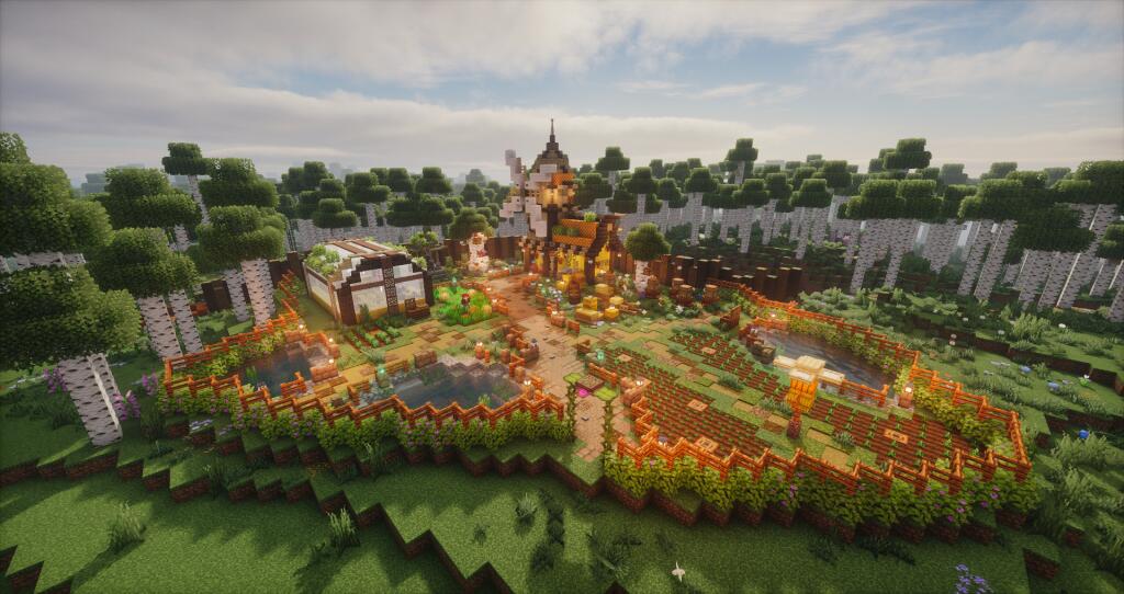 Скриншот из игры Minecraft, демонстрирующий готовую ферму с домиком-мельницей, теплицей, пасекой и грядками среди березового леса. (2 из 10)