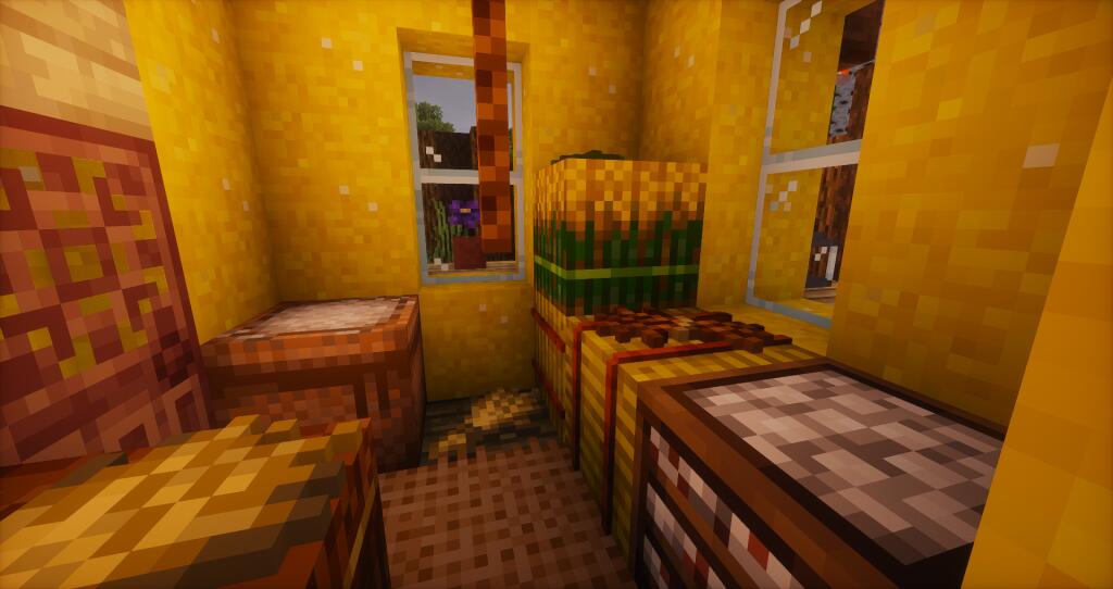Скриншот из игры Minecraft, демонстрирующий готовую ферму с домиком-мельницей, теплицей, пасекой и грядками среди березового леса. (8 из 10)