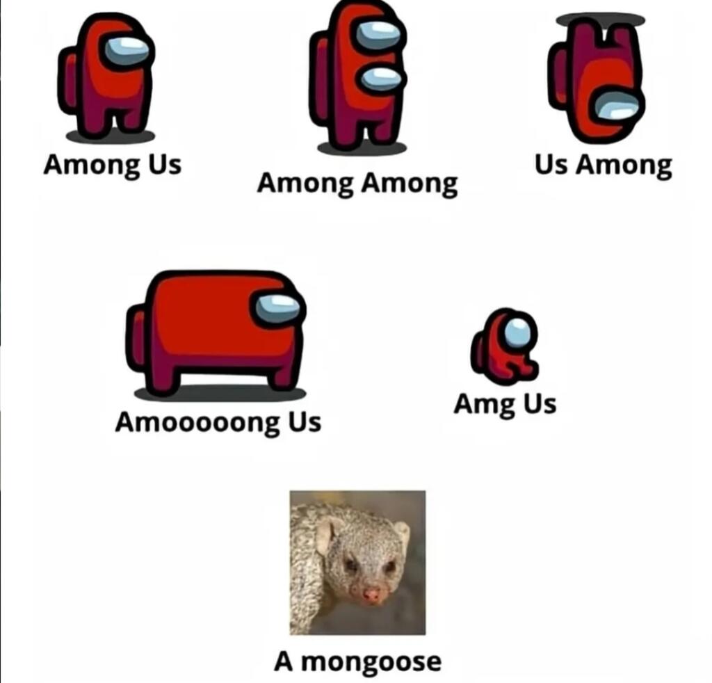 Игрок Among Us в разных позах с подписями Among Us, Among Among, Us Among, Amoong Us, Amg Us и фото мангуста