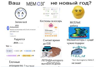Сетка из девяти мемов про активность пользователей Мемозга: костюмы, подарки, ёлочные игрушки и кот в очках